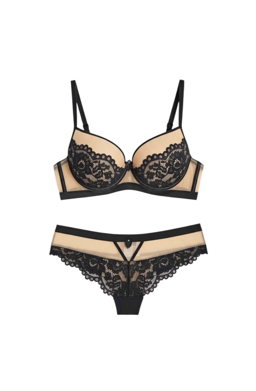 Sintimity Torfi black lace push-up bra with nude mesh and underwire. Adjustable straps for comfort. [compressed]