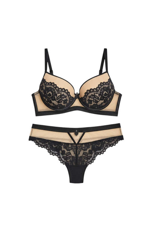 Sintimity Torfi black lace thong with sheer mesh panels, satin waistband, and jewel detail.