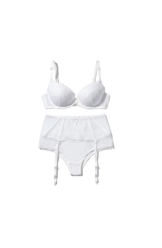 Sintimity Anuk white lace embroidered push-up bra with underwire and removable pads.