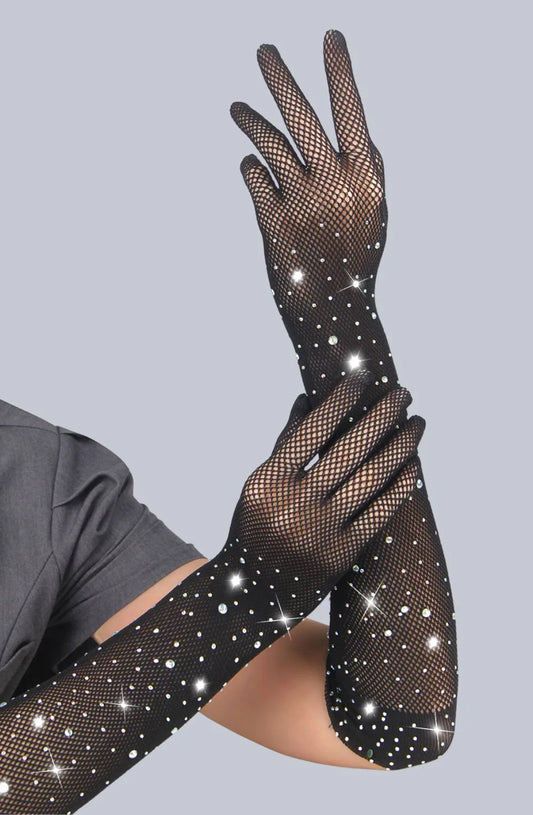 Black rhinestone fishnet gloves front view