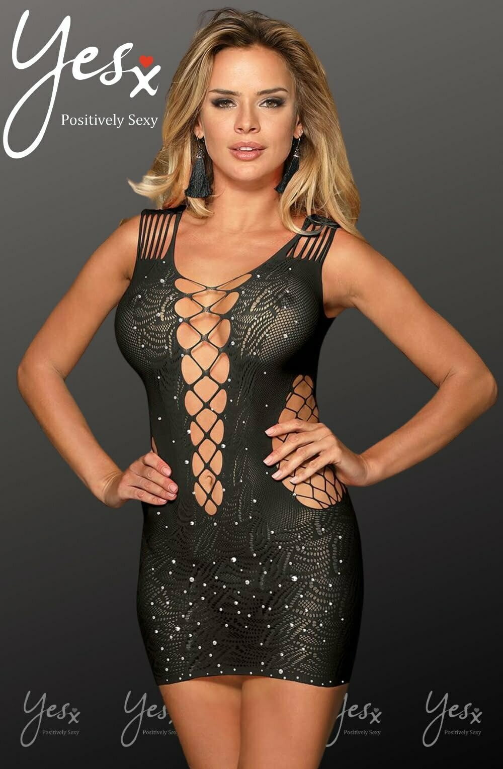 Black sequin bodystocking dress full front view sculpting silhouette