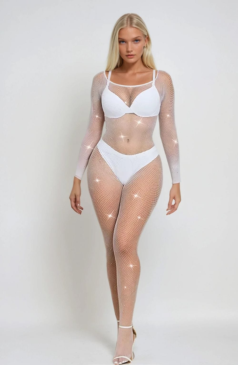 white sparkly fishnet bodystocking front view diamante lingerie