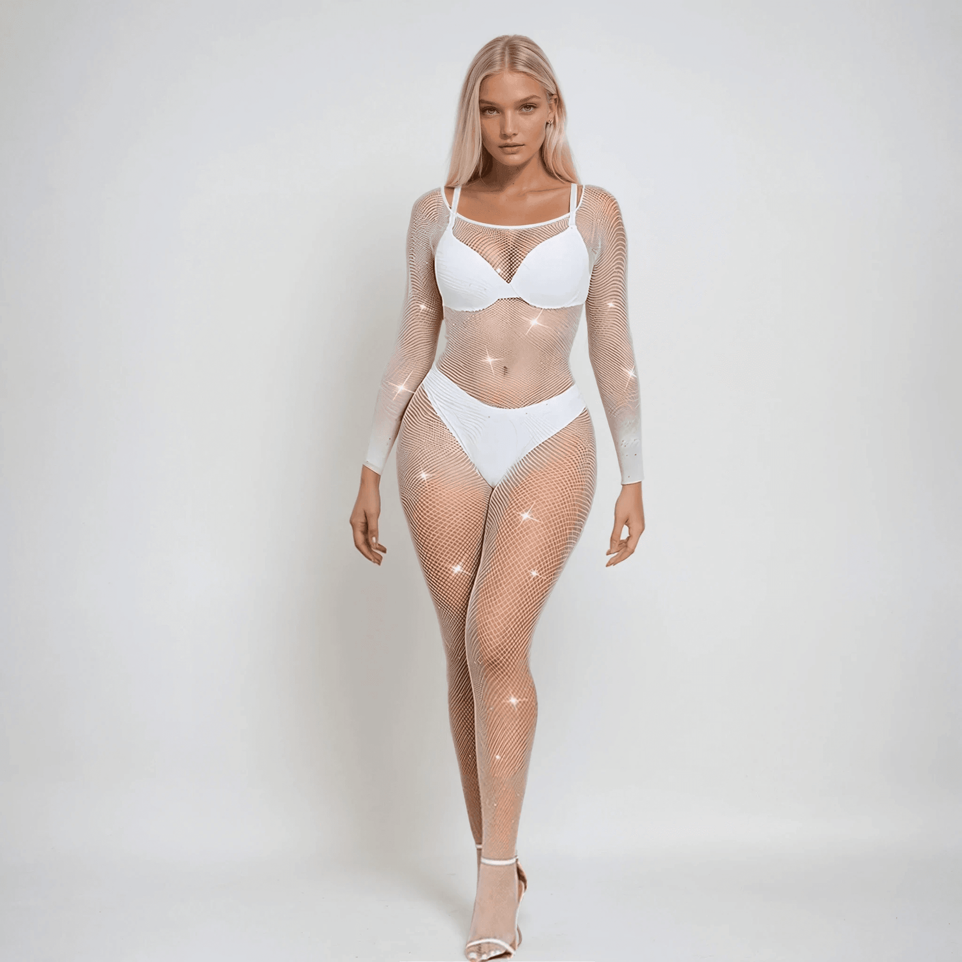 white sparkly fishnet bodystocking full face view diamante lingerie