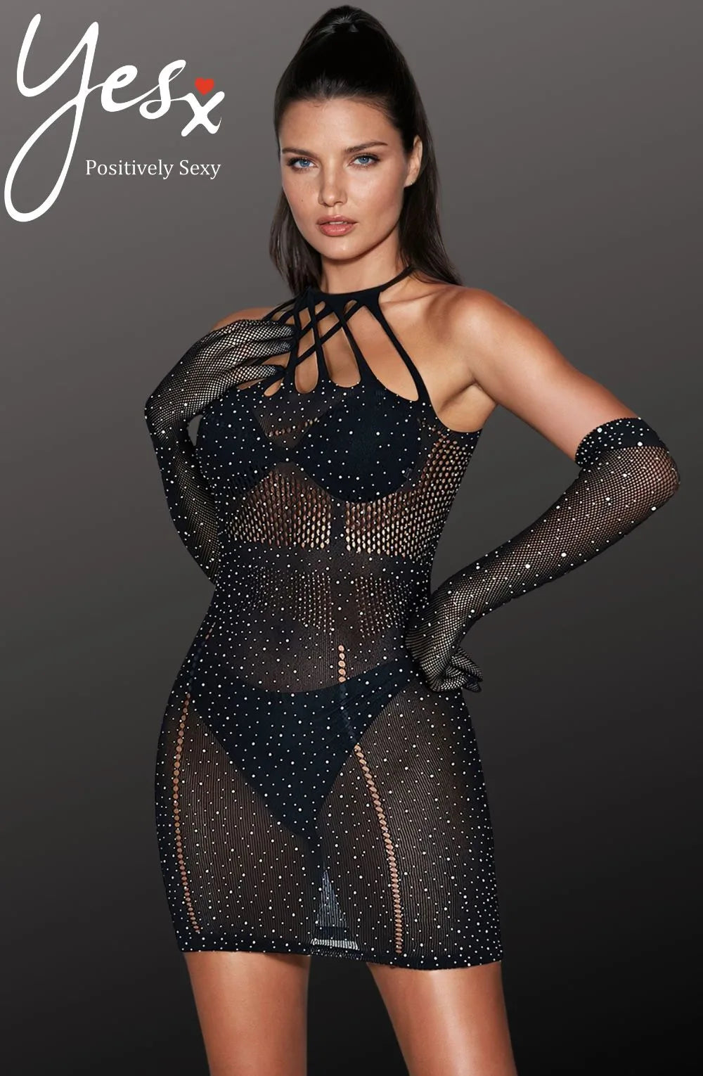 Black mesh rhinestone dress front view sculpting