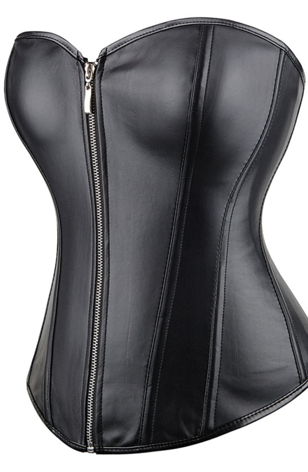 Black leather look corset side view shaping silhouette