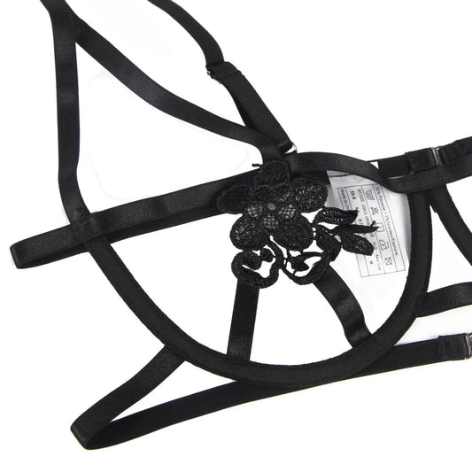 black lingerie set front view halter bra and cut out close up details