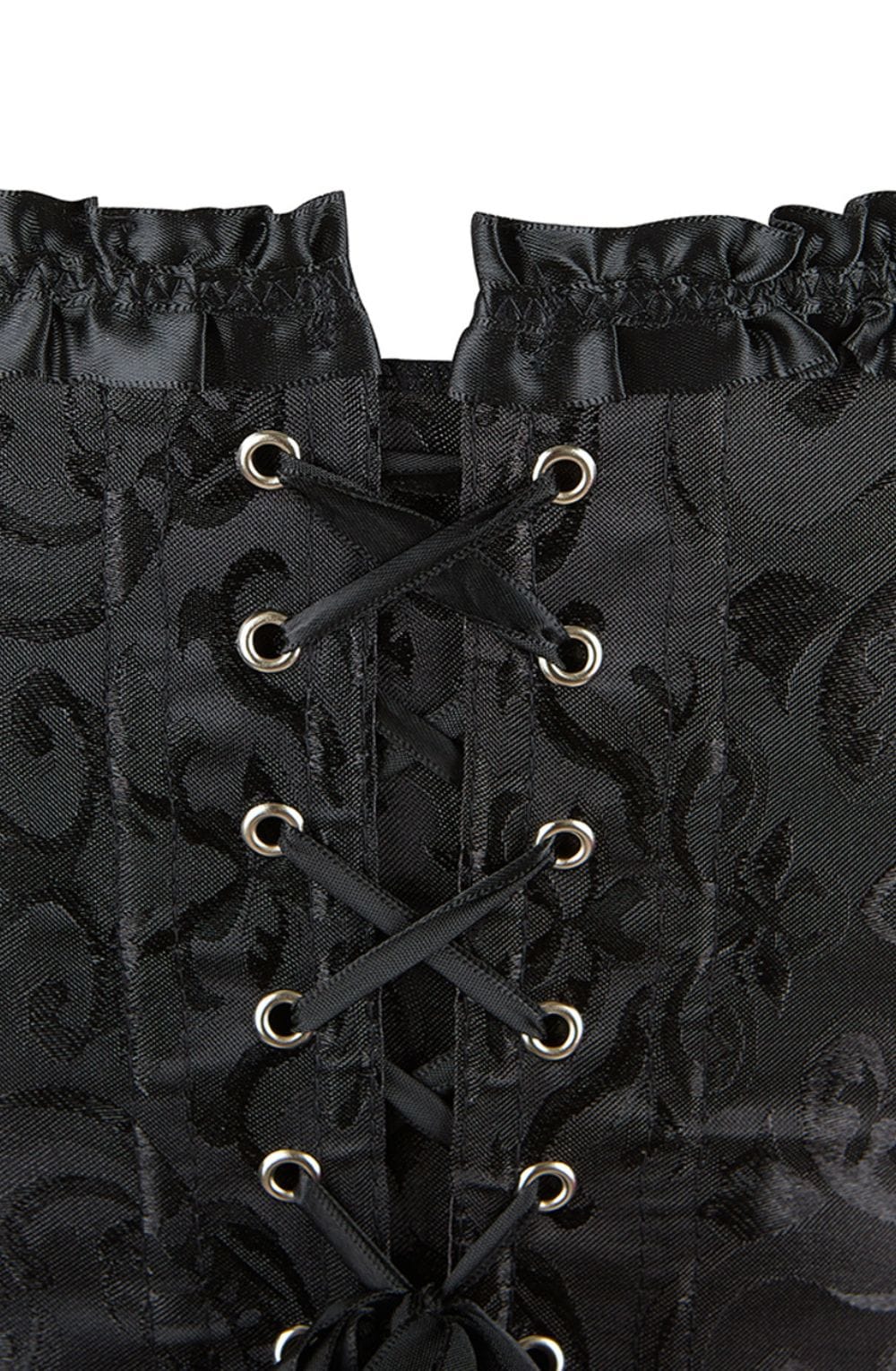 Black vintage corset view with ribbon lacing zoom in