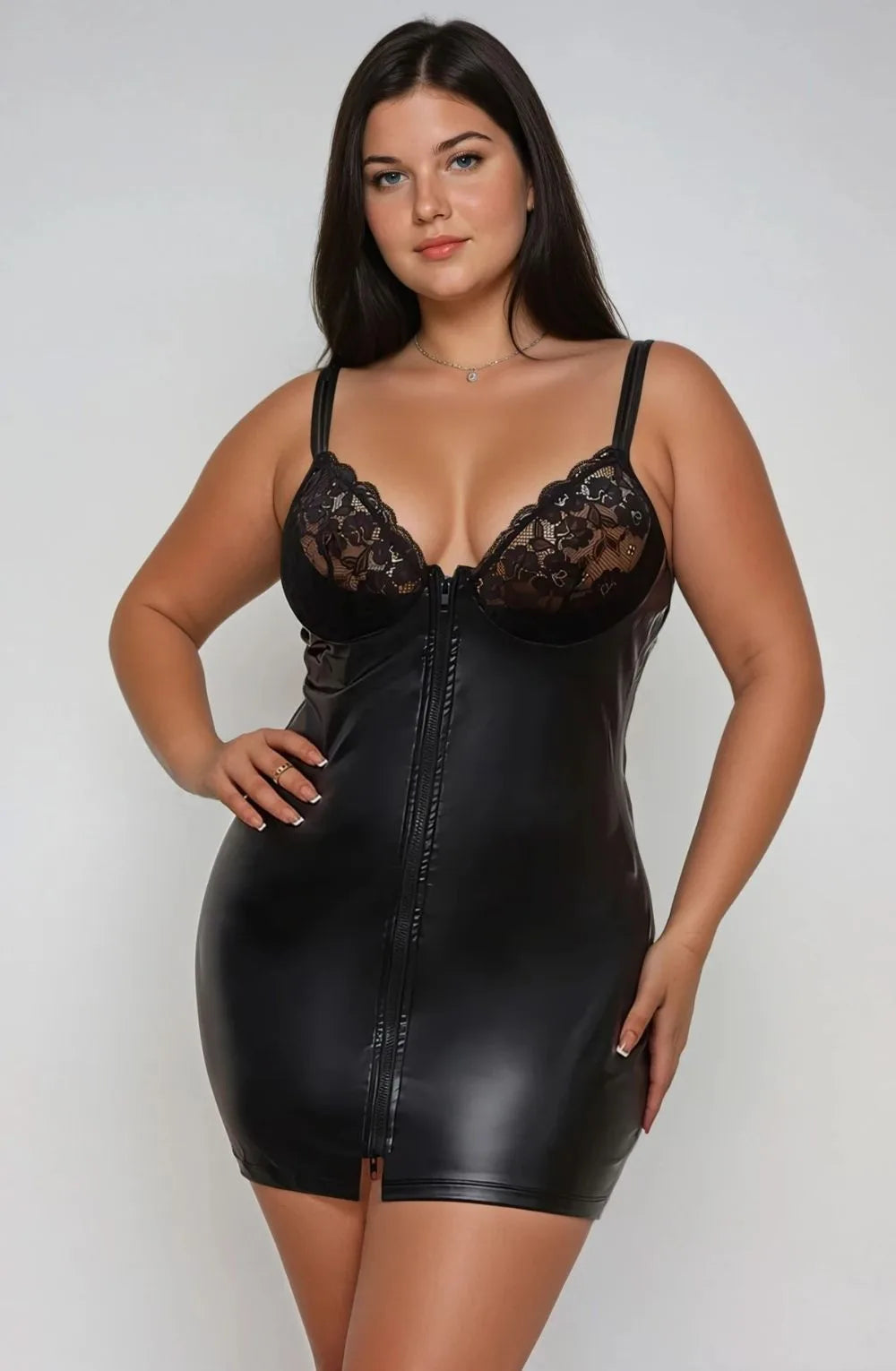 Zippy curve black faux leather lingerie dress UK